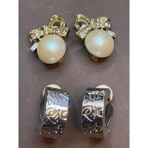 Vintage Nina Ricci Signed Clip Earrings Lot Bow Pearl Rhinestone & Engraved Hoop
